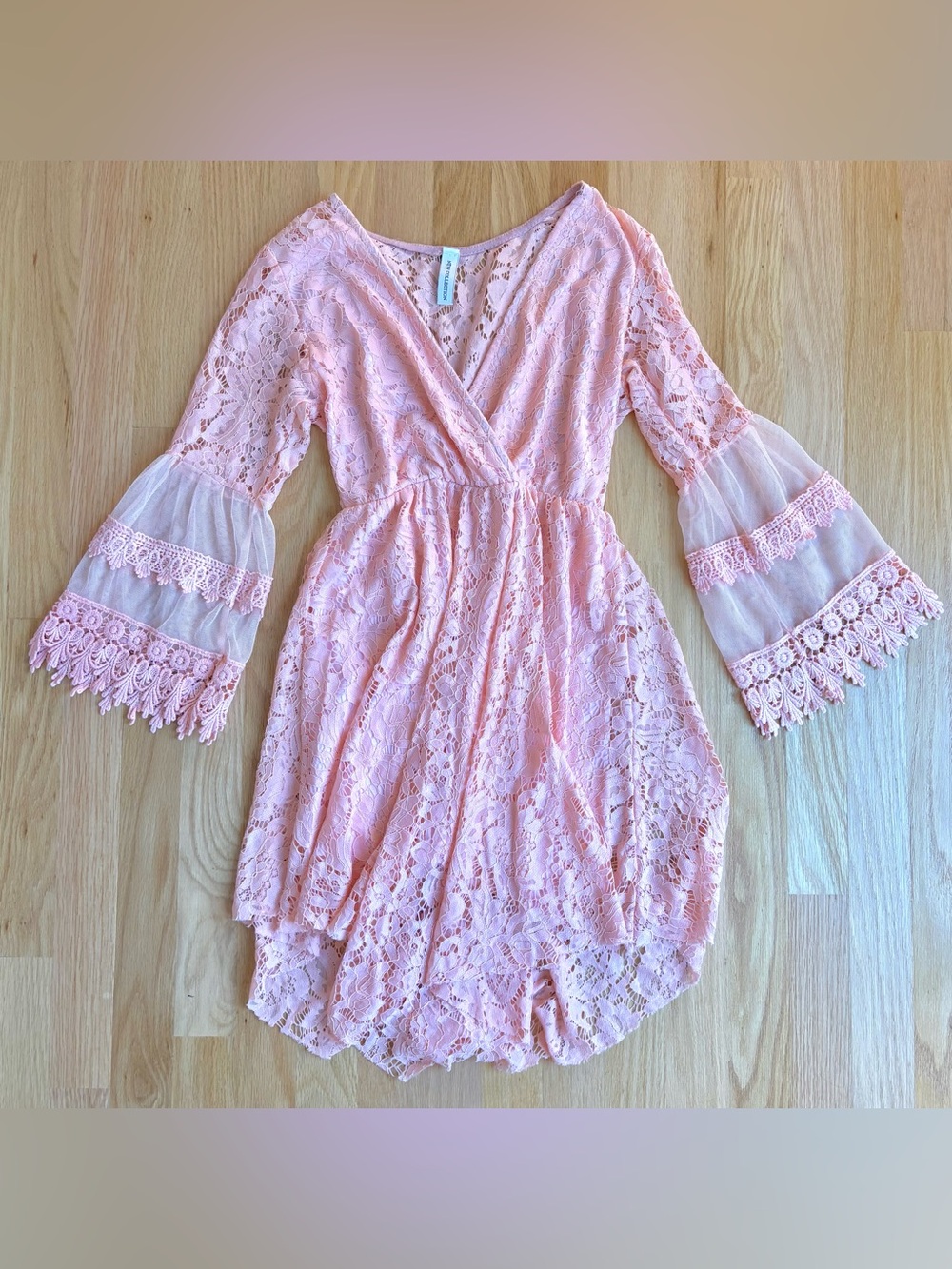 Pink Lace Long Sleeve Wrap Dress - Feminine Lace Dress